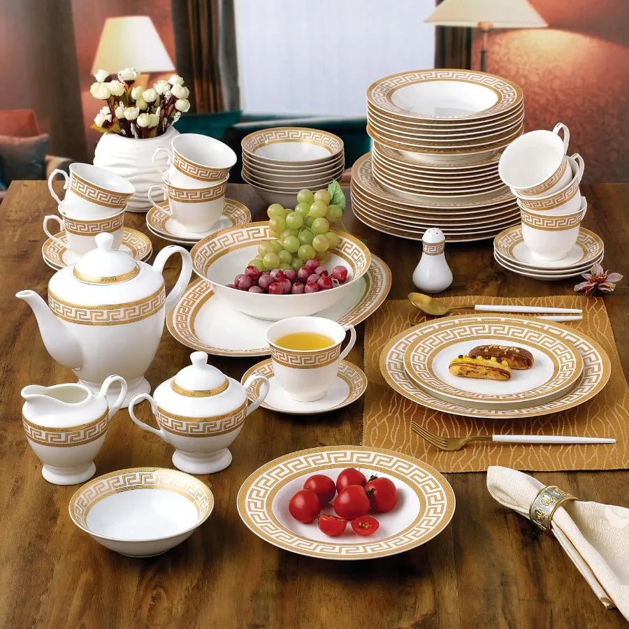 Bone China Dinnerware Set For 8 With Greek Key Pattern