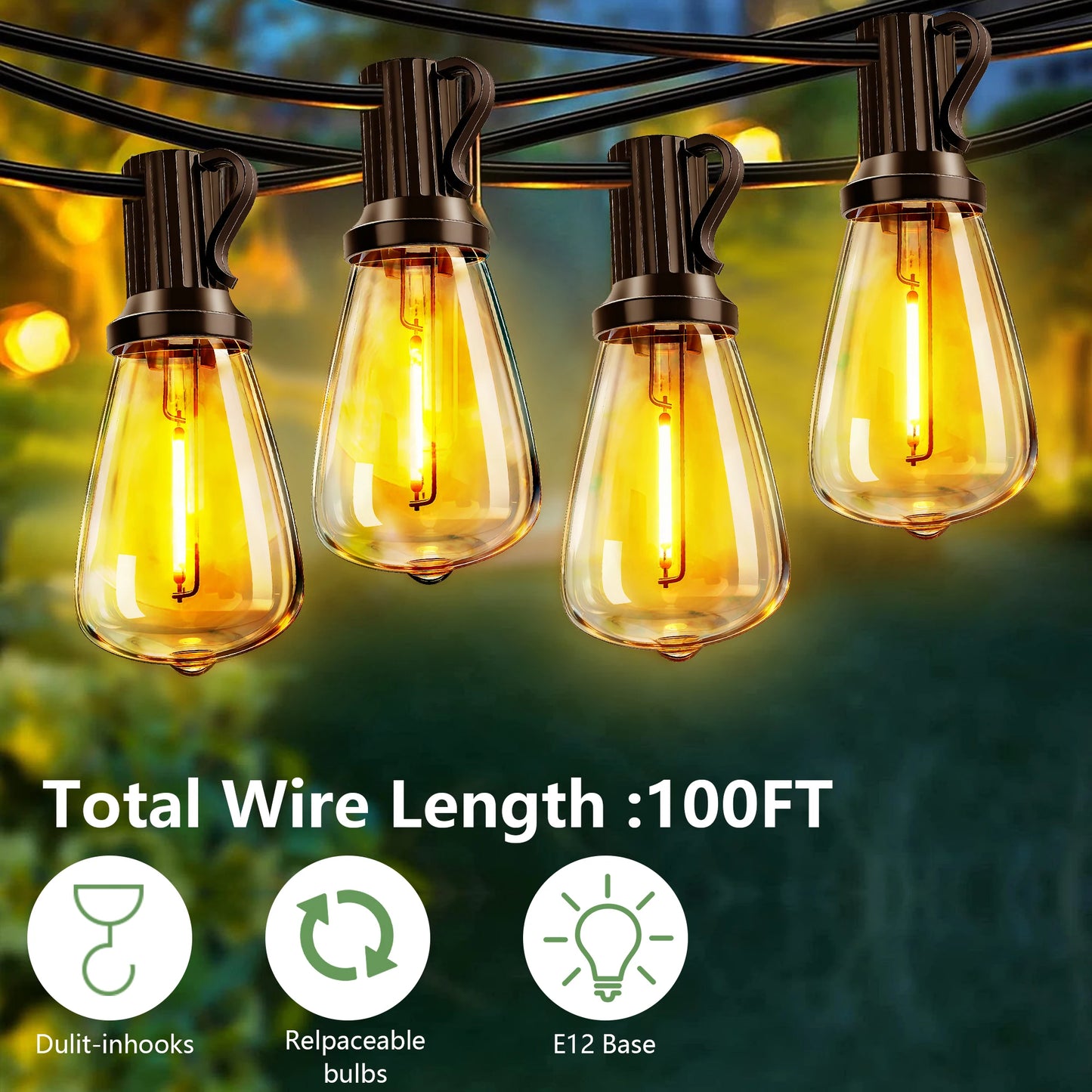 ARLGSITE Solar Outdoor String Lights IP65 Waterproof With Replaceable Bulbs