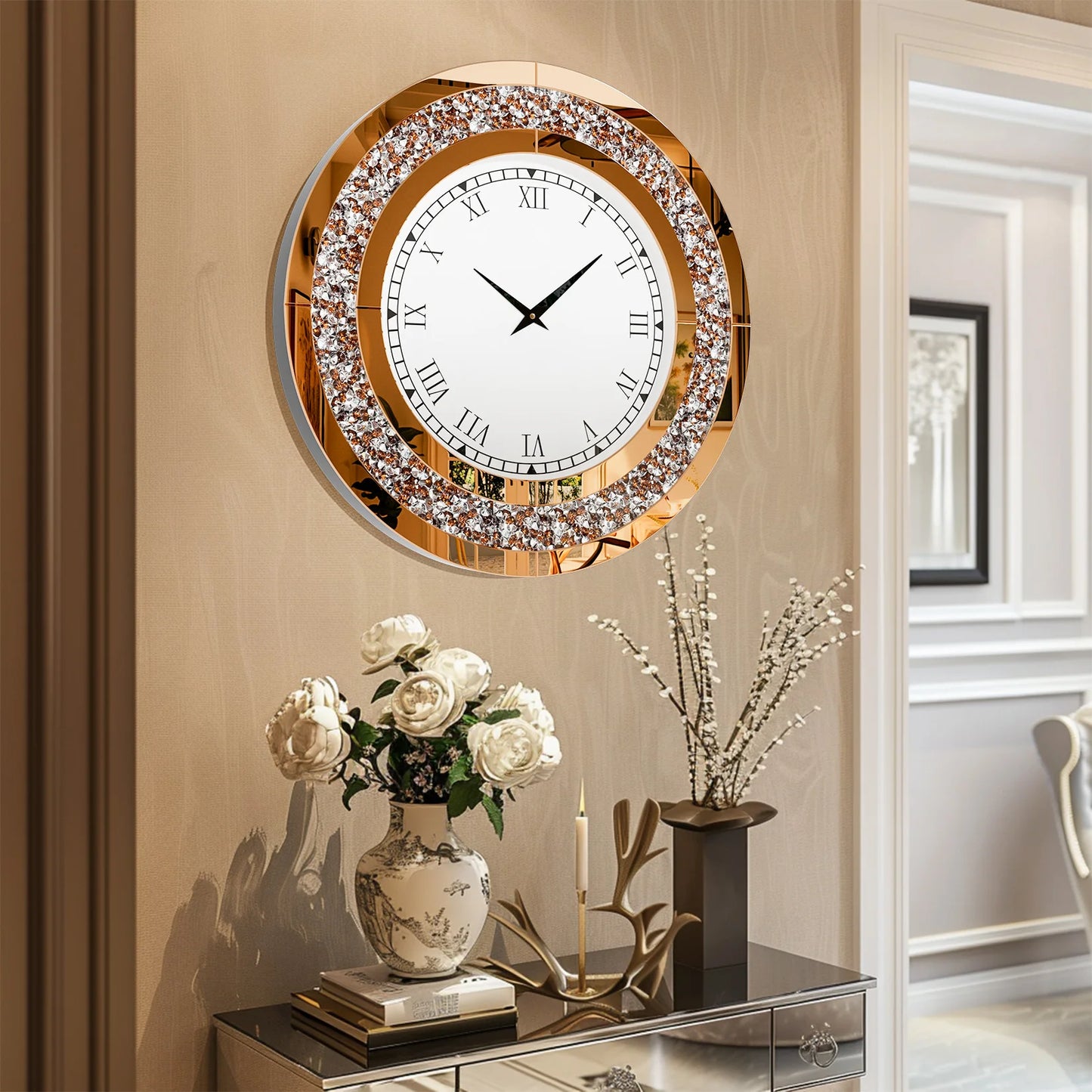 Round Mirror With Crystal Accents Wall Clock For Living Room
