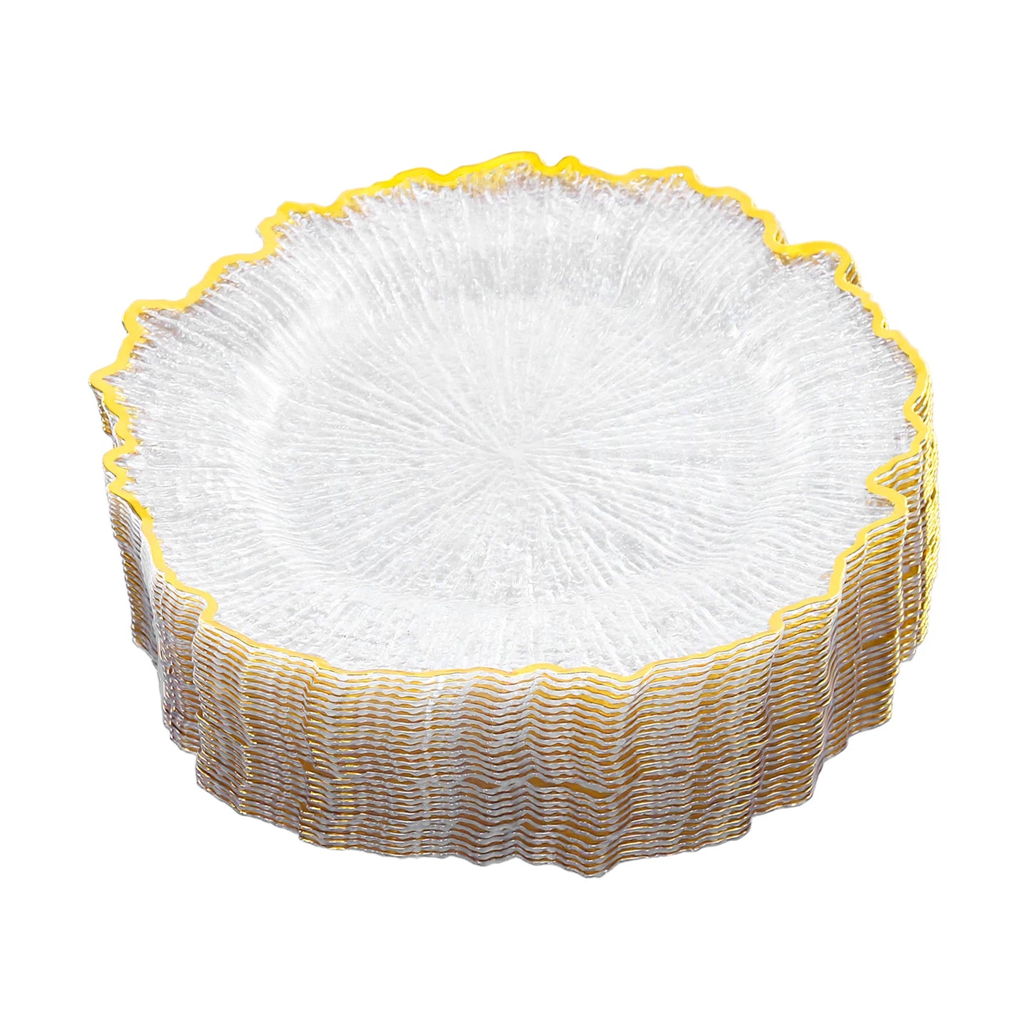 25 Pack Clear Plastic Charger Plates Round Rim With Reef Textured Rim