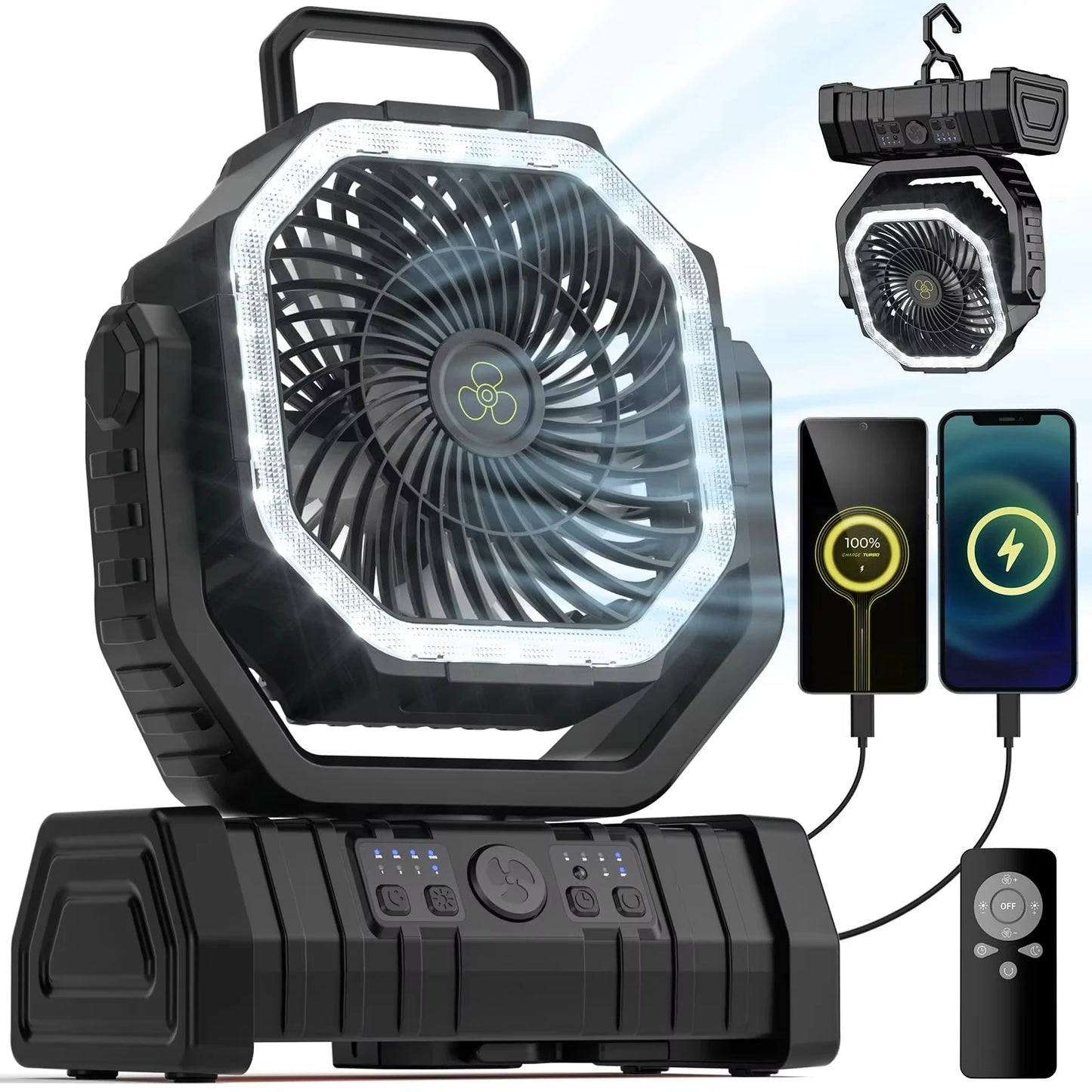 Camping Fan 20000mAh Battery Powered Rechargeable Tent Fan LED Light