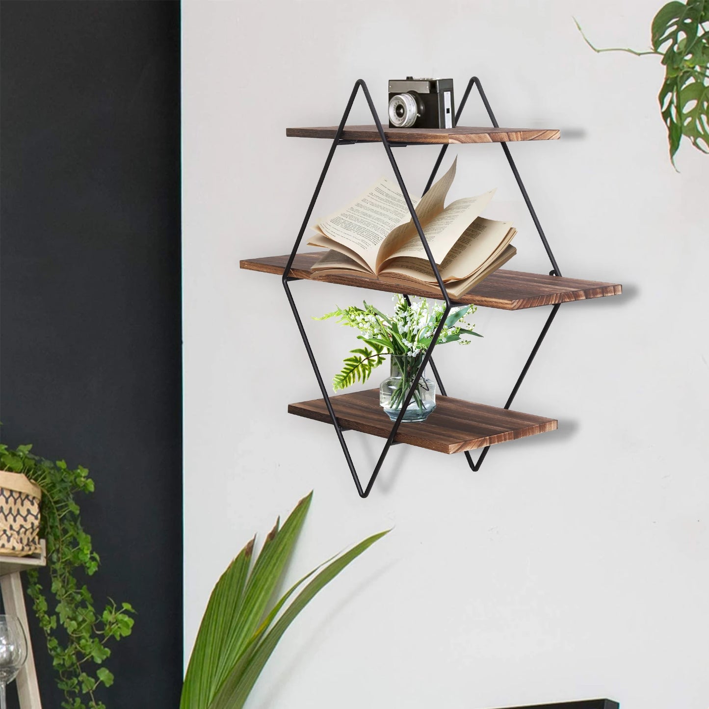 Three Tier Industrial Wood Floating Shelf Wall Mounted Unit