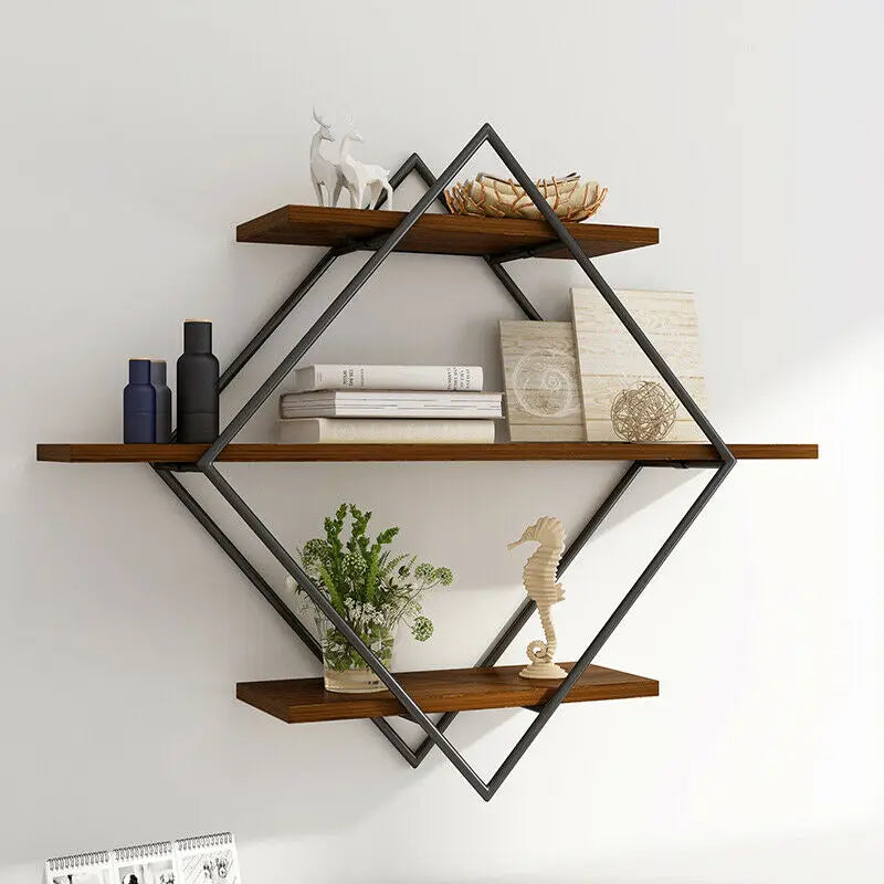 Three Tier Industrial Wood Floating Shelf Wall Mounted Unit