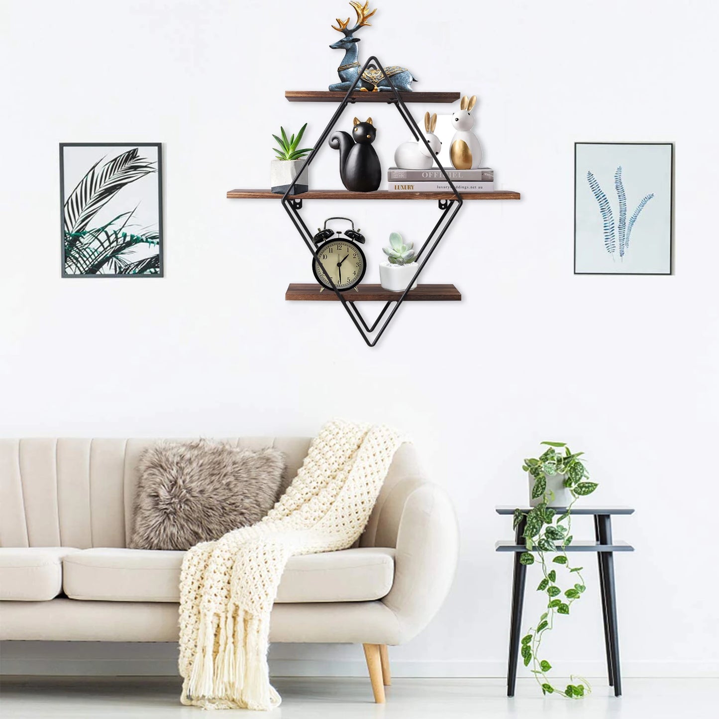 Three Tier Industrial Wood Floating Shelf Wall Mounted Unit