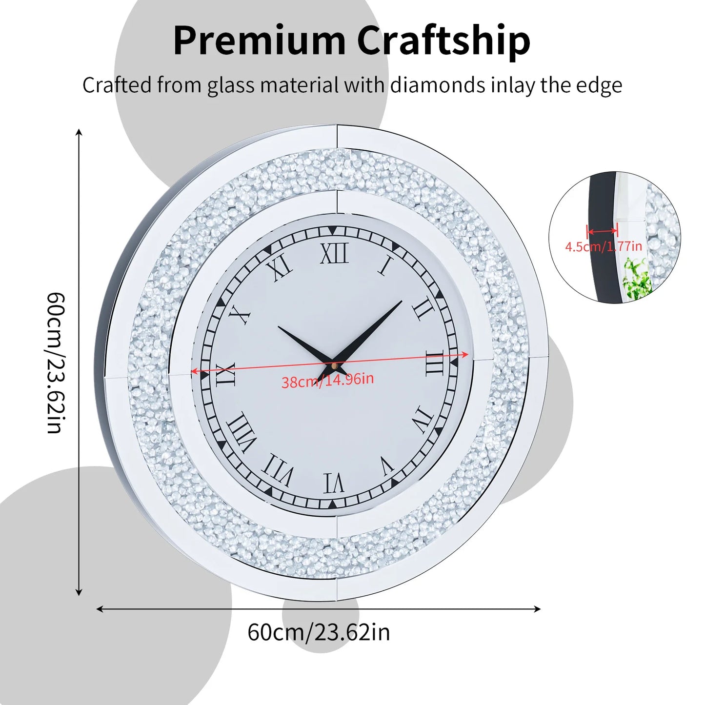 Round Mirror With Crystal Accents Wall Clock For Living Room