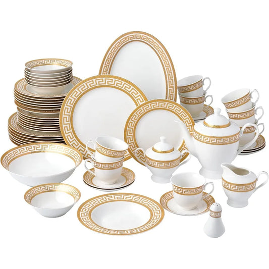 Bone China Dinnerware Set For 8 With Greek Key Pattern