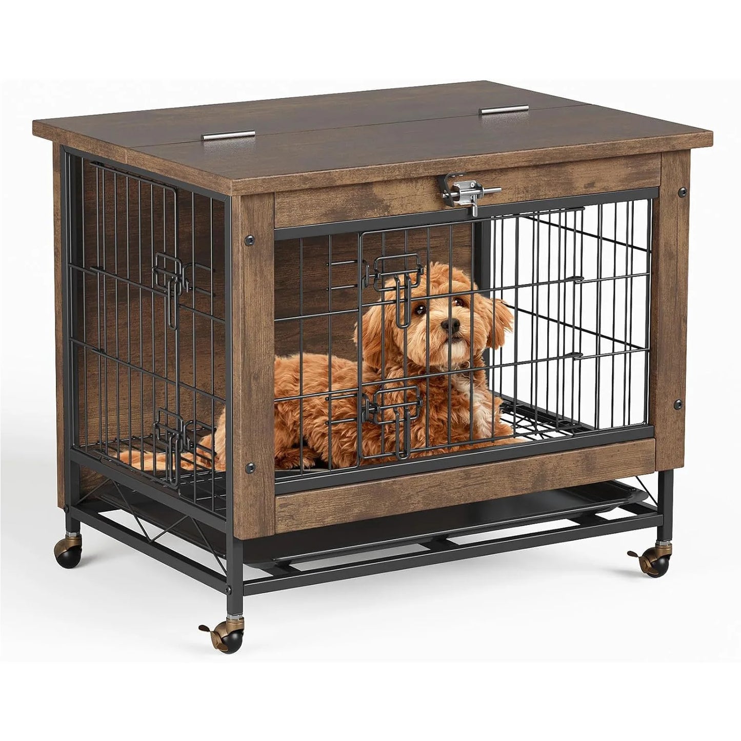 HiMISS Rustic Dog Crate Furniture With Wheels End Table Kennel