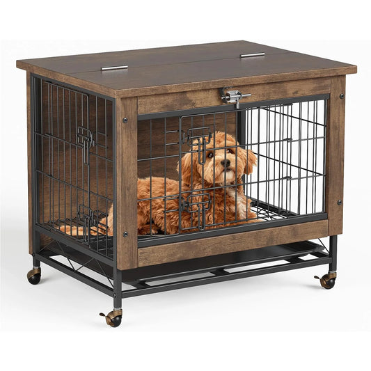 HiMISS Rustic Dog Crate Furniture With Wheels End Table Kennel