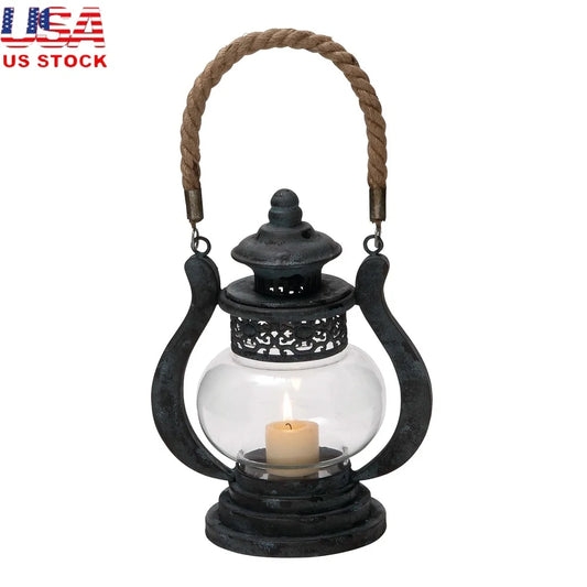 Rustic Metal Lantern Candle Holder With Rope Handle