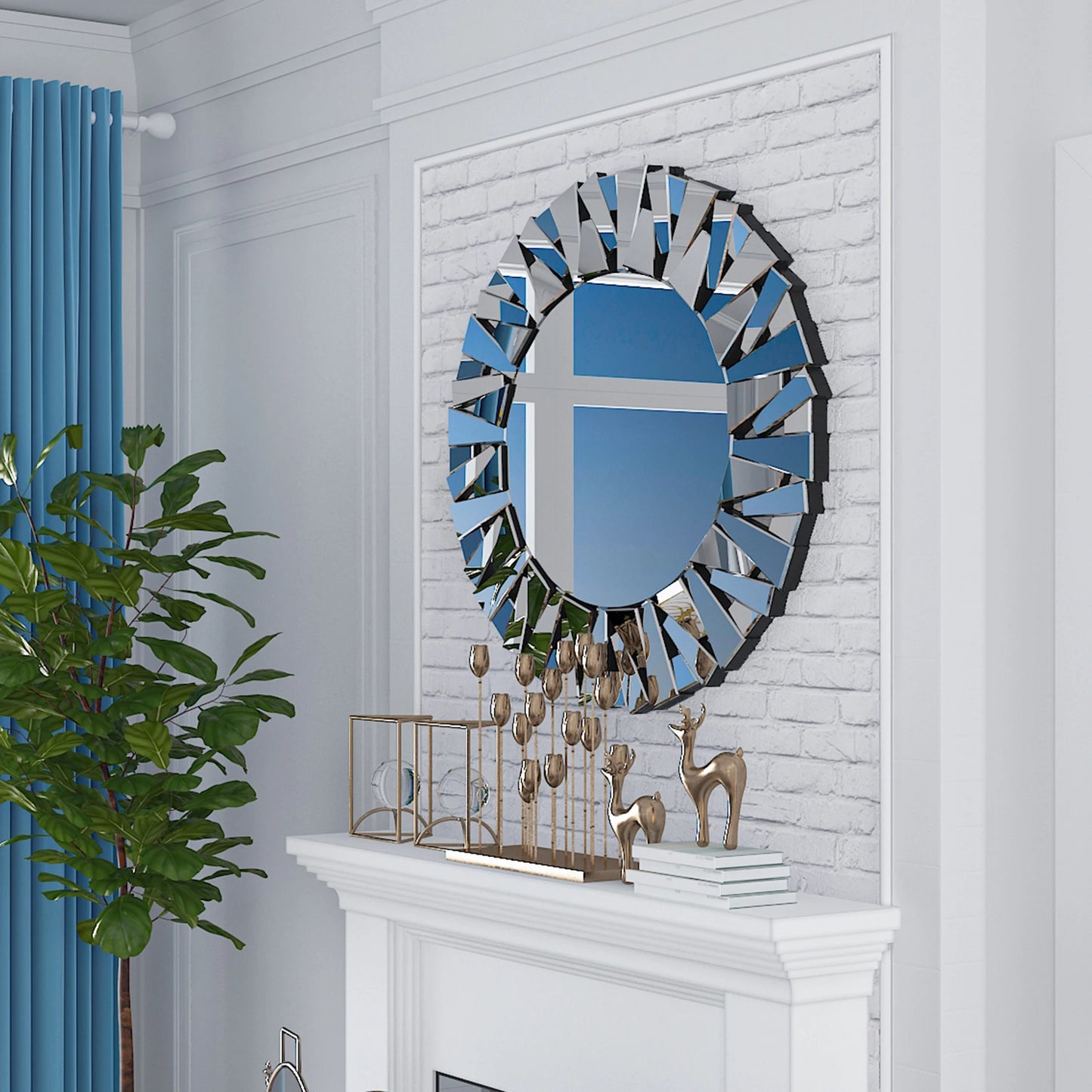 Sunburst Round Wall Mirror With Beveled Silver Glass