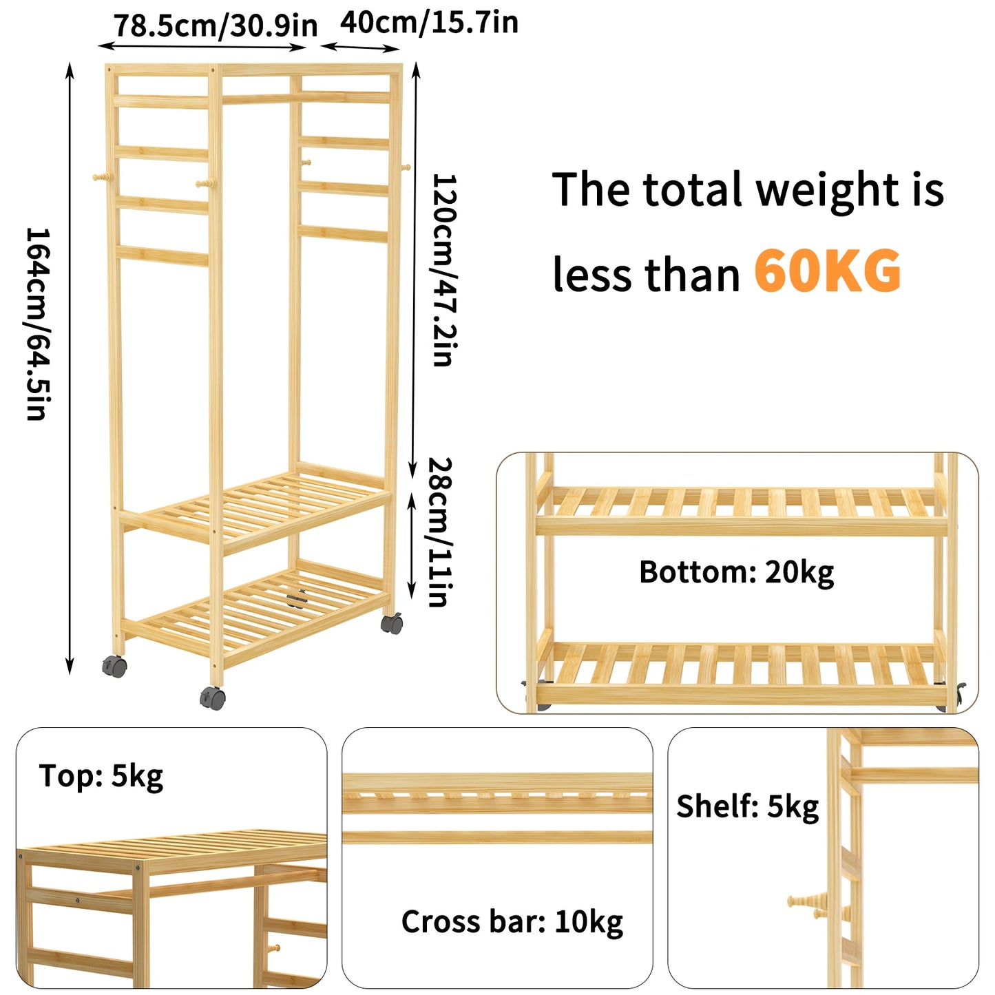 Heavy Duty Bamboo Clothes Rail Rack With Side Hooks