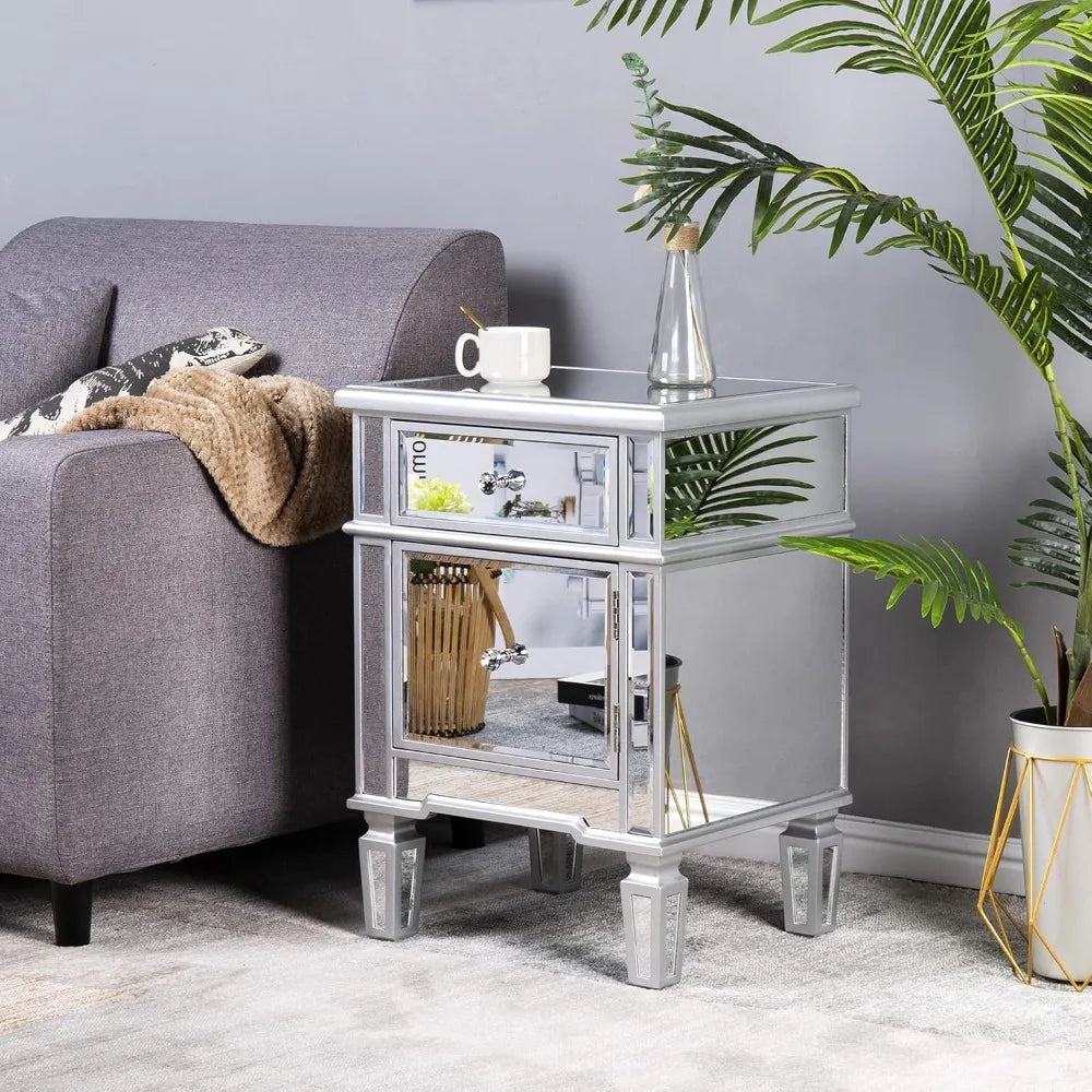 Mirrored Nightstand Bedside Table With Drawer And Cabinet