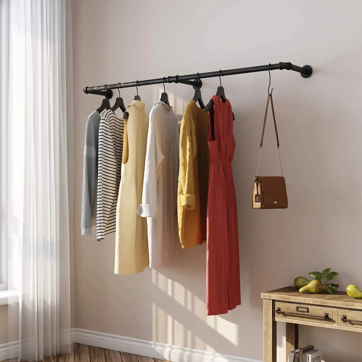 None Industrial Pipe Wall Mounted Clothes Rack With Hooks
