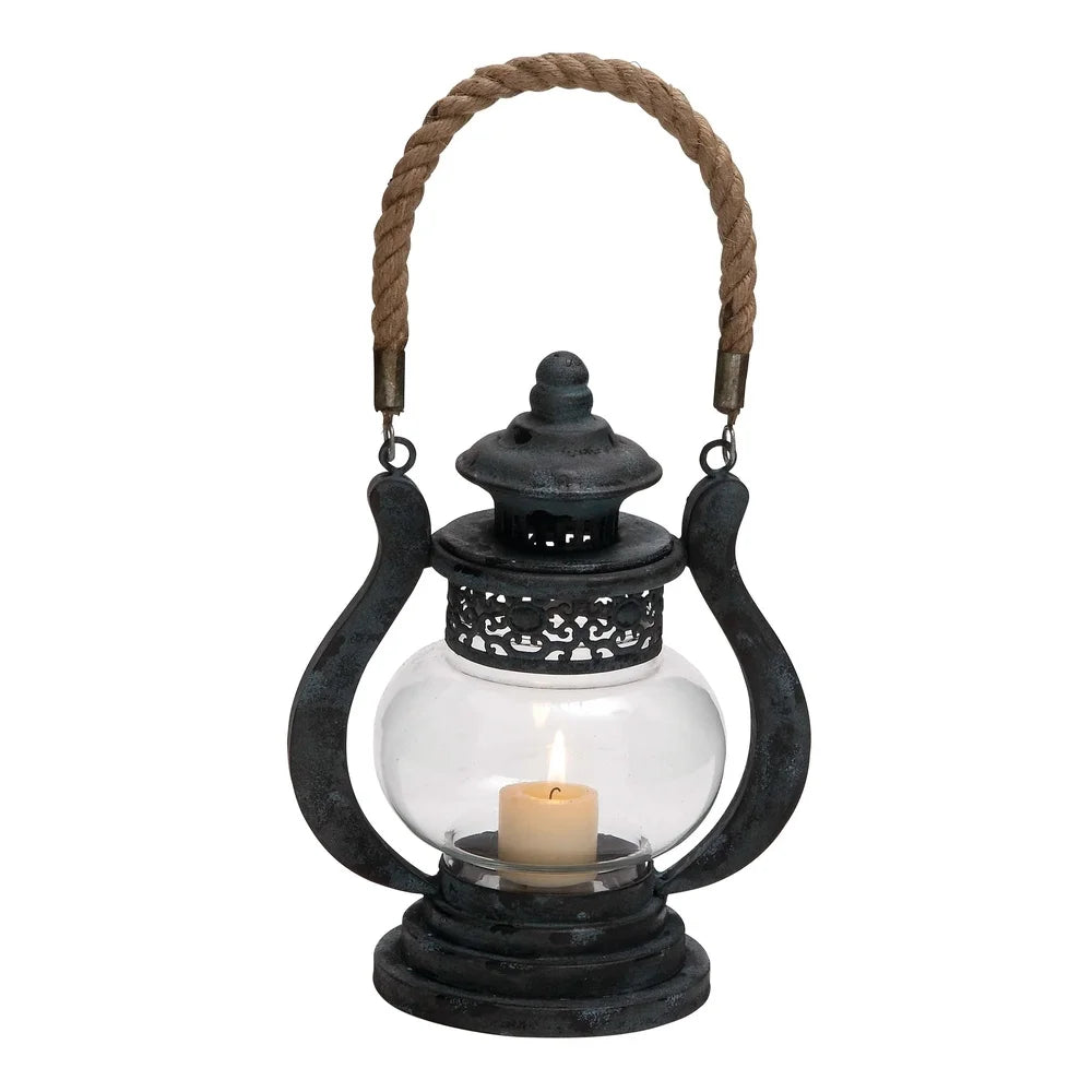Rustic Metal Lantern Candle Holder With Rope Handle