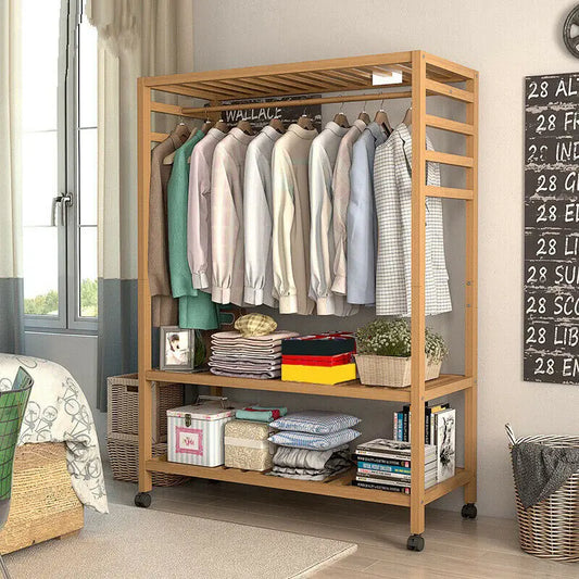 Heavy Duty Bamboo Clothes Rail Rack With Side Hooks