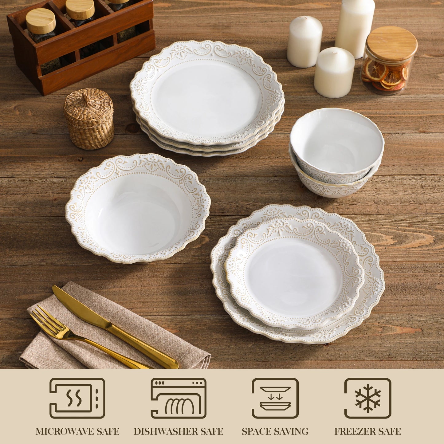 Malacasa Relief White Stoneware Dinnerware Set 16 To 32 Piece