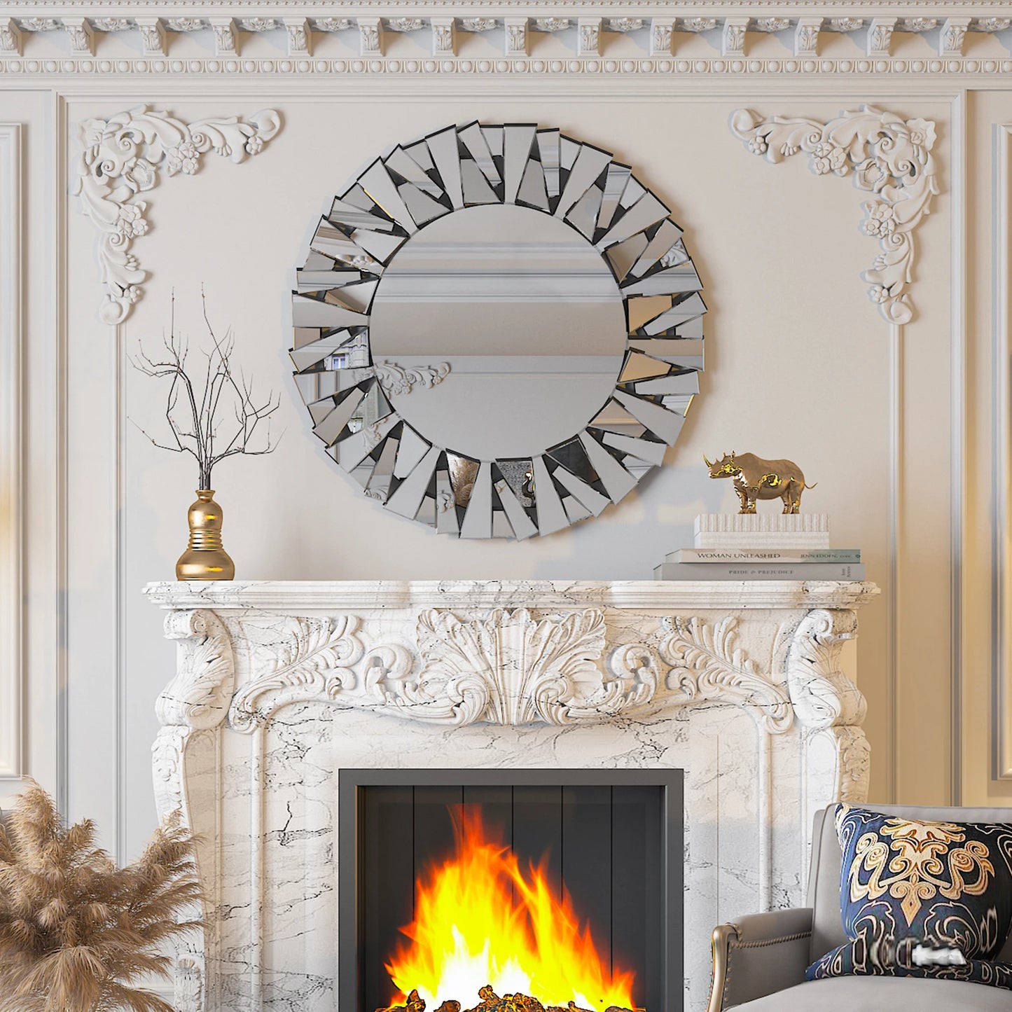 Sunburst Round Wall Mirror With Beveled Silver Glass
