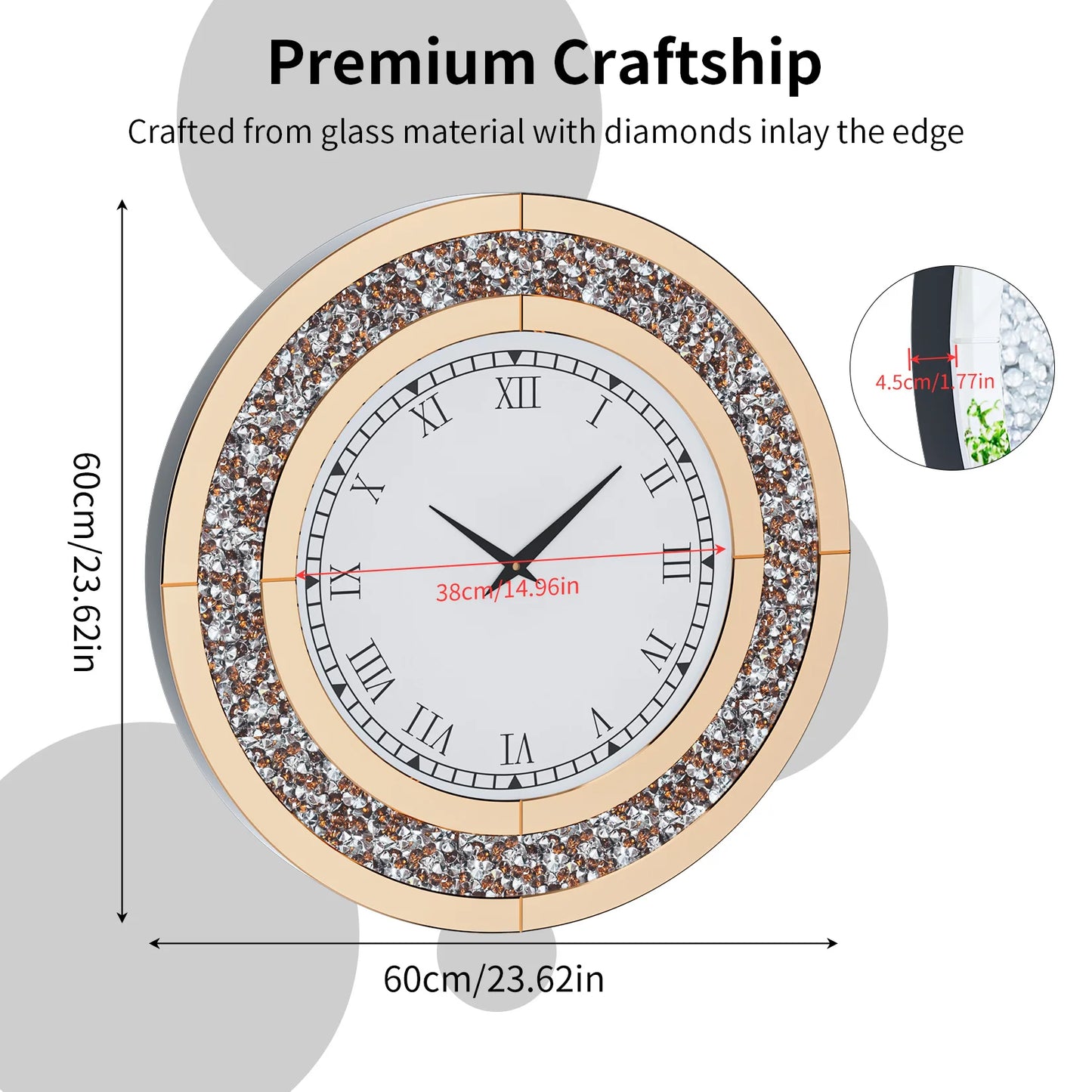 Round Mirror With Crystal Accents Wall Clock For Living Room