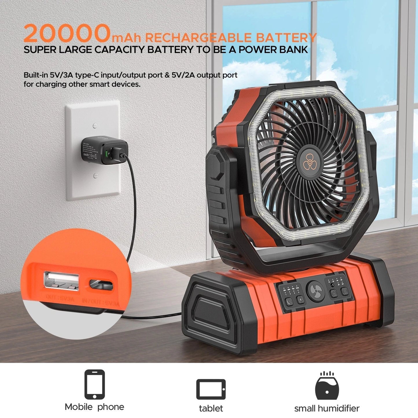 Camping Fan 20000mAh Battery Powered Rechargeable Tent Fan LED Light