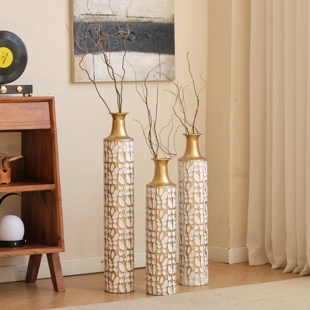 3 Modern Tiered Metal Floor Vases Set for Home Decor