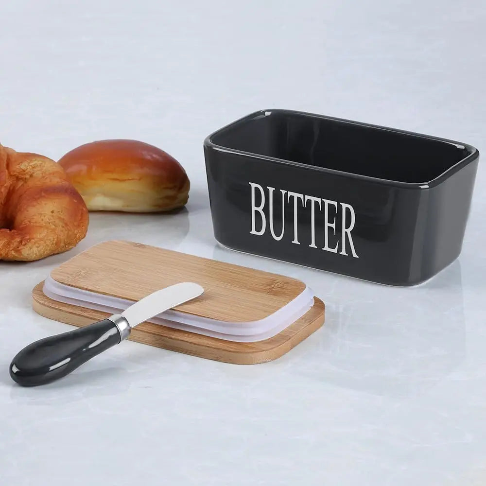 Ceramic Butter Dish With Wooden Lid Stainless Knife Bamboo Cover