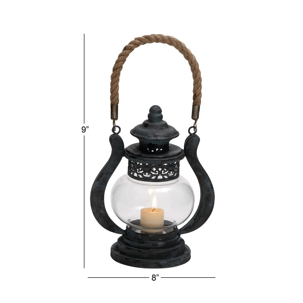 Rustic Metal Lantern Candle Holder With Rope Handle