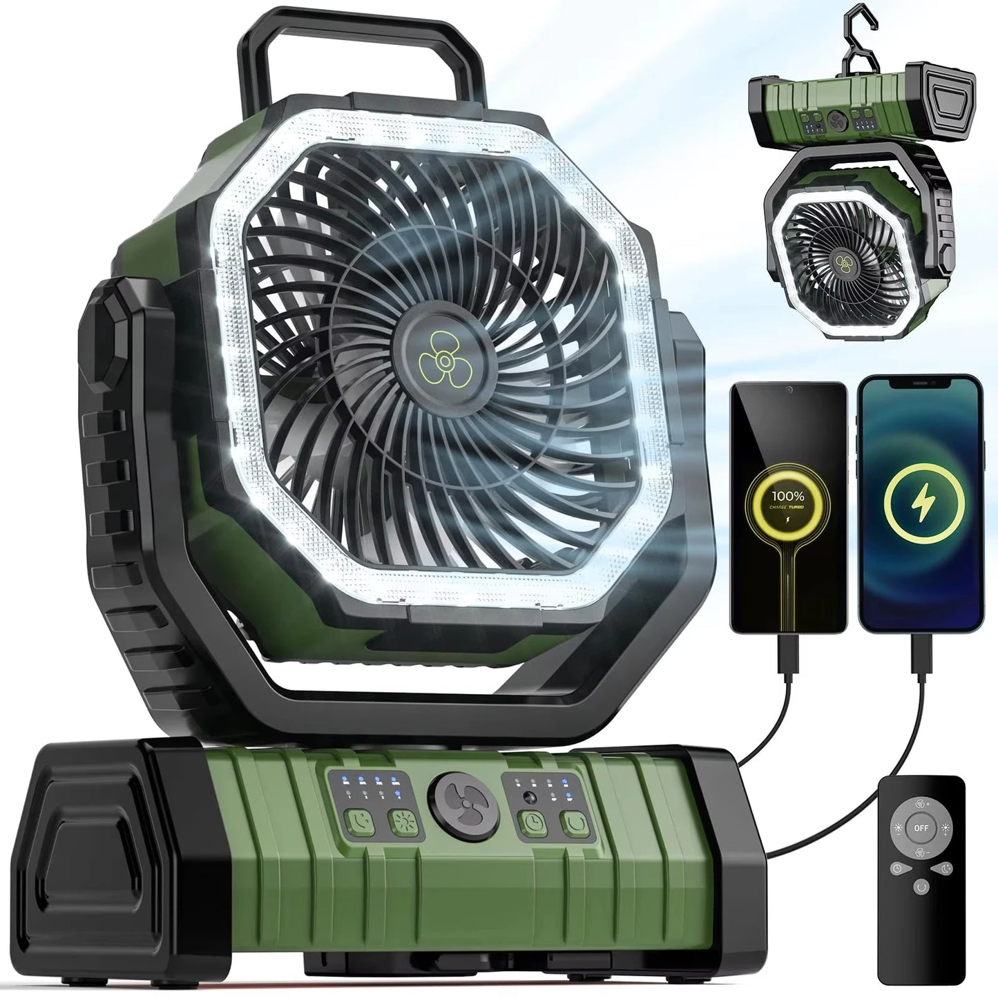 Camping Fan 20000mAh Battery Powered Rechargeable Tent Fan LED Light