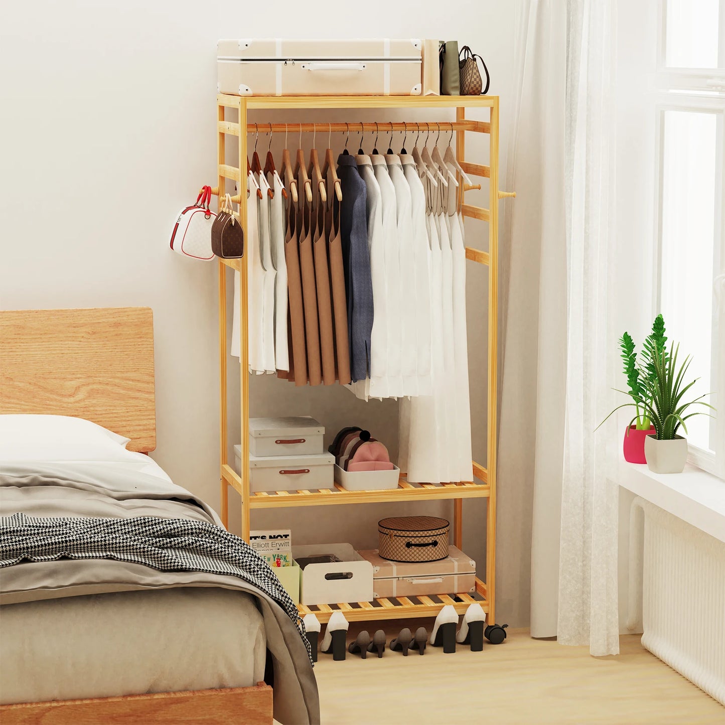 Heavy Duty Bamboo Clothes Rail With Side Hooks Open Wardrobe