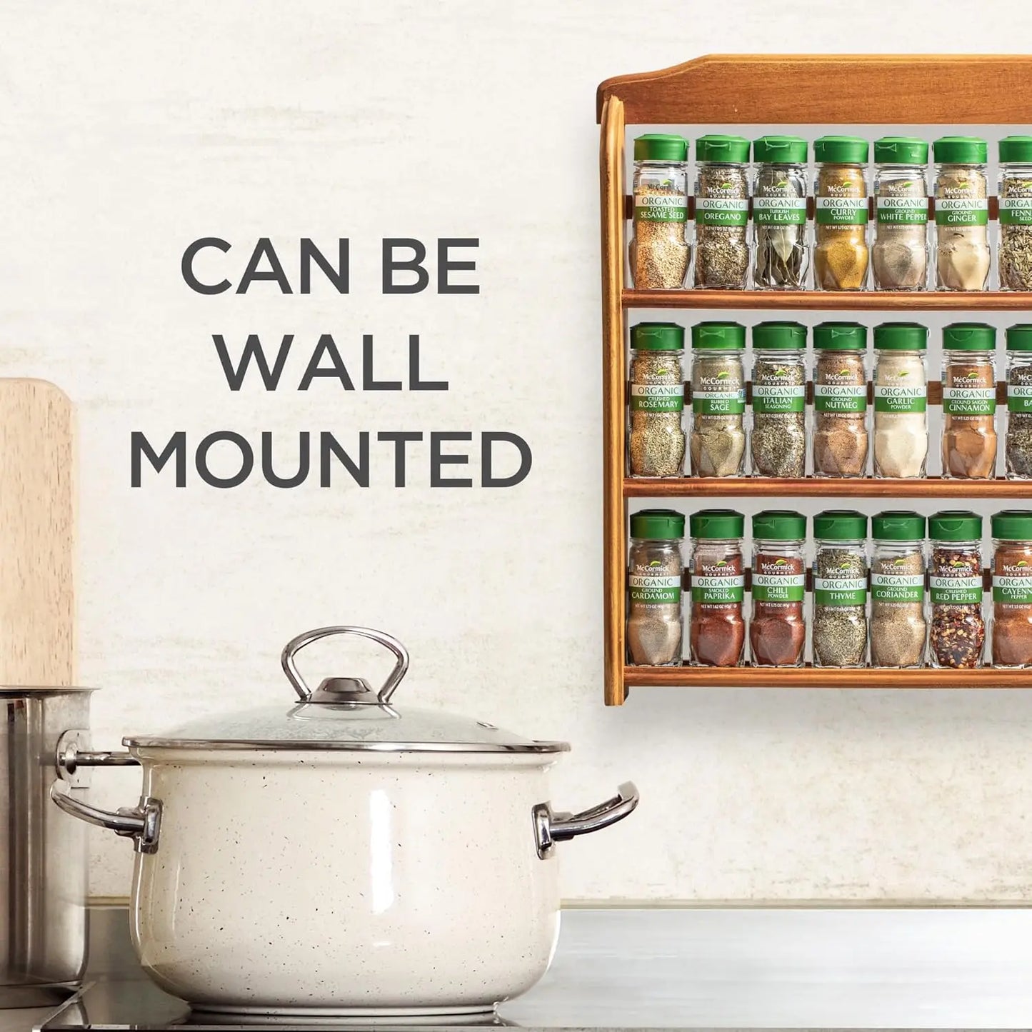 Three-Tier Wood Spice Rack With Organic Herbs And Spices