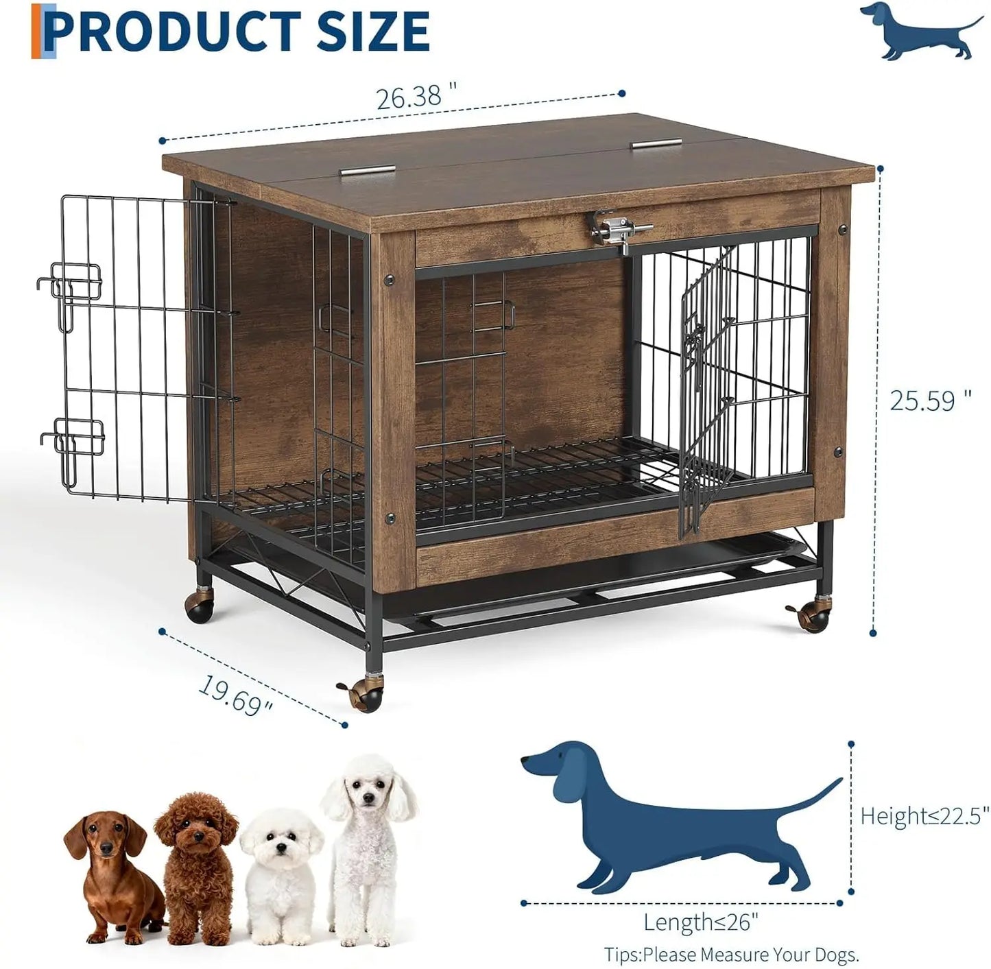 HiMISS Rustic Dog Crate Furniture With Wheels End Table Kennel
