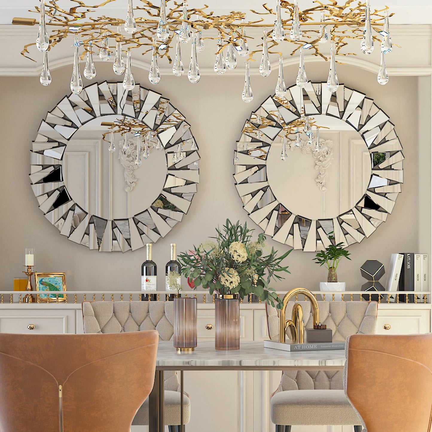 Sunburst Round Wall Mirror With Beveled Silver Glass