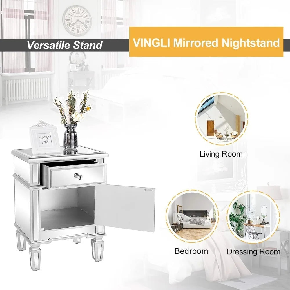 Mirrored Nightstand Bedside Table With Drawer And Cabinet