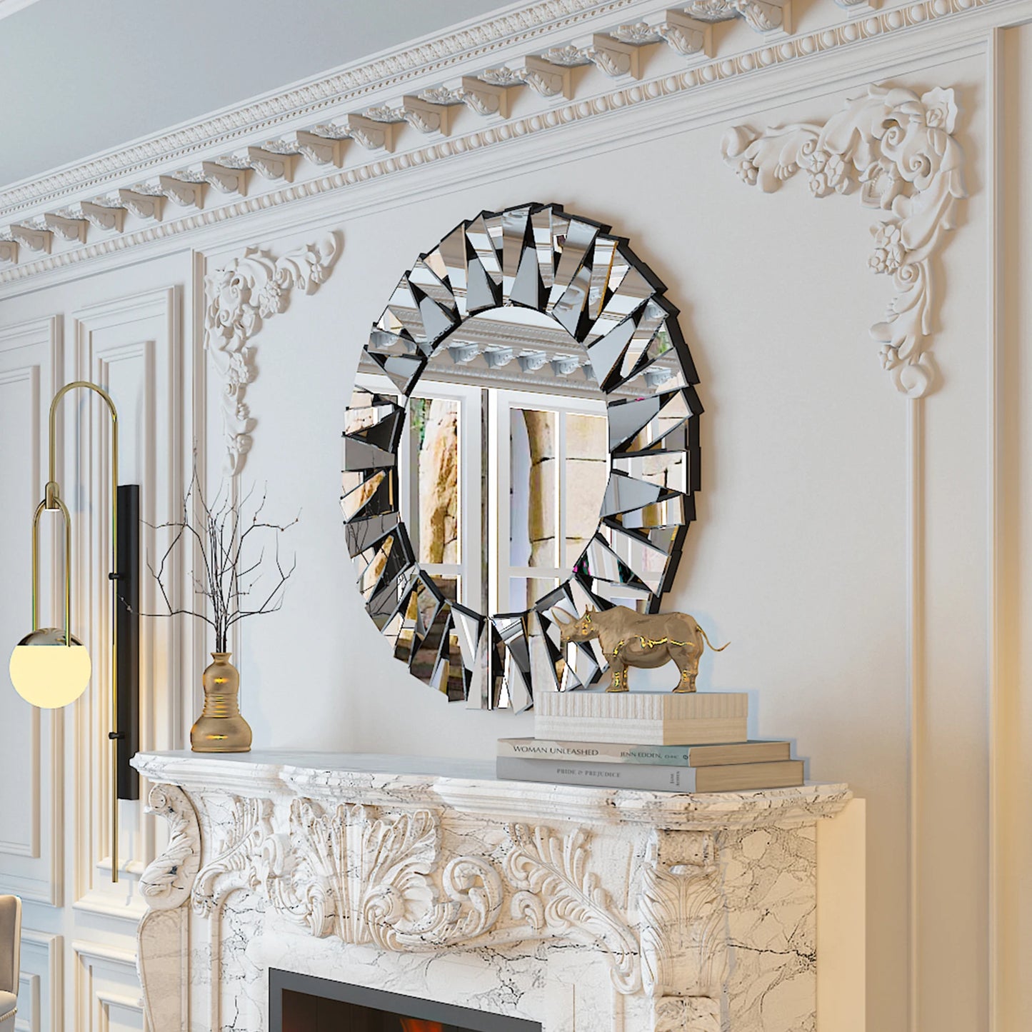 Sunburst Round Wall Mirror With Beveled Silver Glass
