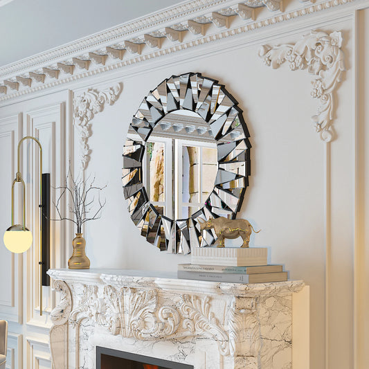 Sunburst Round Wall Mirror With Beveled Silver Glass