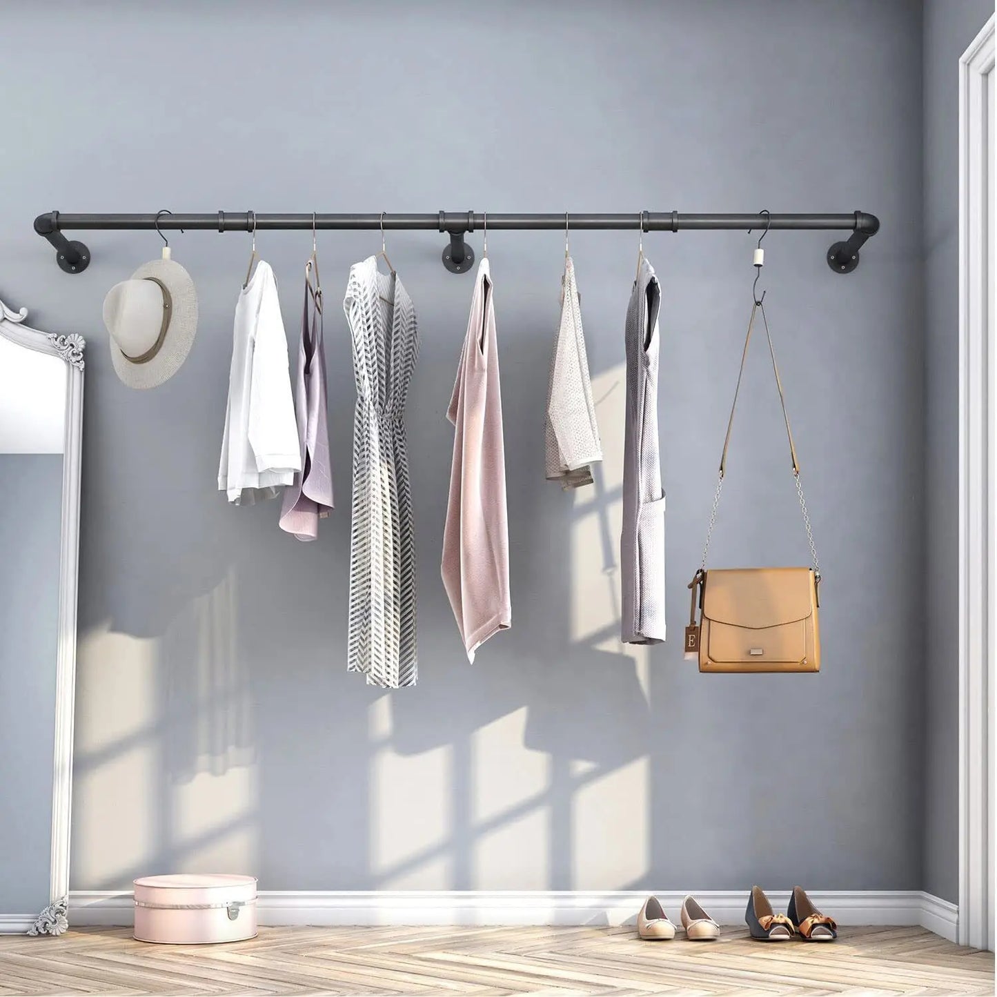 None Industrial Pipe Wall Mounted Clothes Rack With Hooks