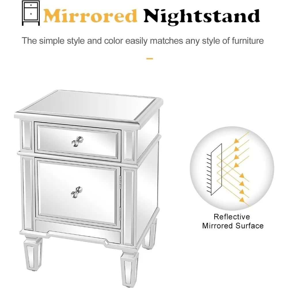 Mirrored Nightstand Bedside Table With Drawer And Cabinet
