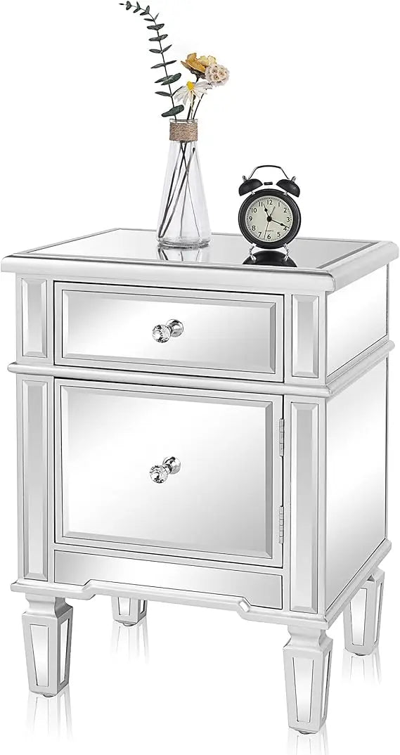 Mirrored Nightstand Bedside Table With Drawer And Cabinet