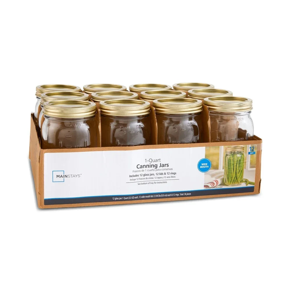 Clear Glass Wide-Mouth Canning Jars With Airtight Lids 12-Count