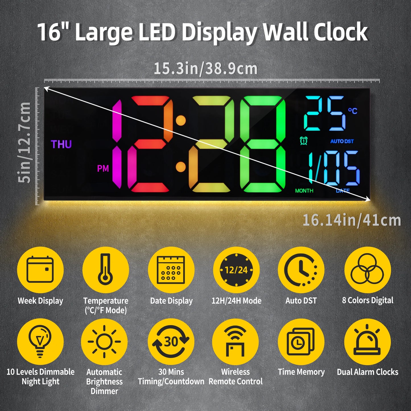 Large 16 Inch Digital Wall Clock With LED Display Remote