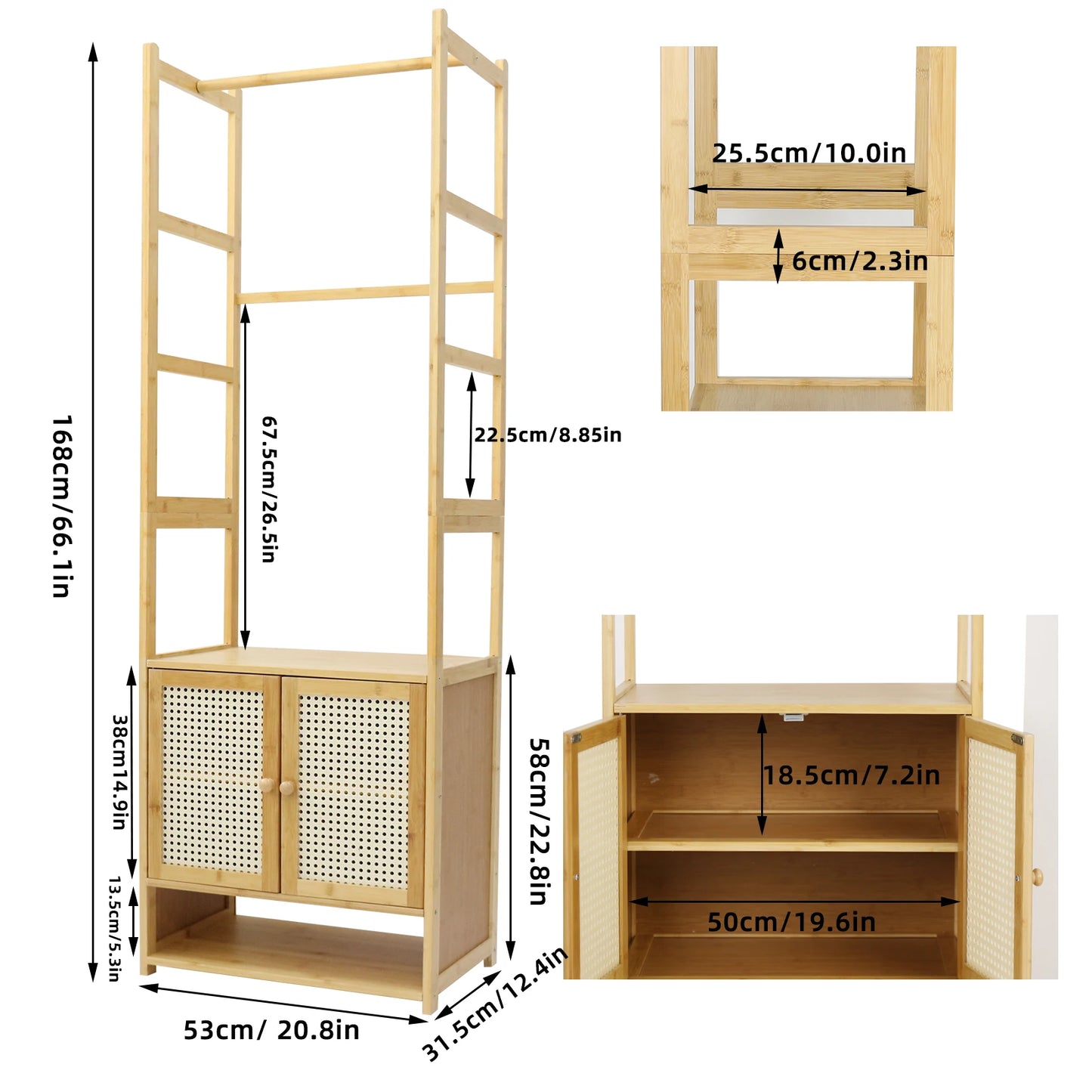 Bamboo Garment Rack Heavy Duty Coat Stand Wardrobe With Shelves