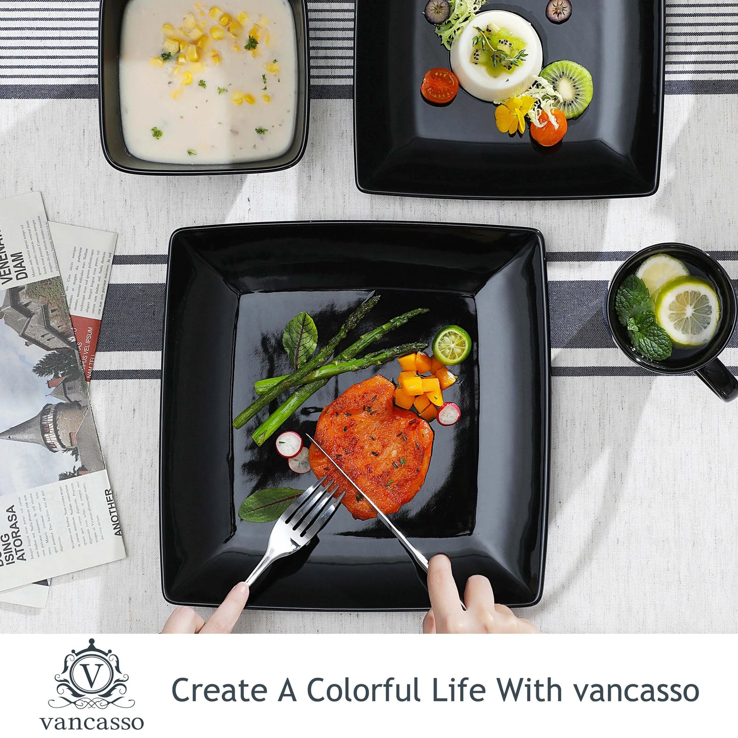 MALACASA SOHO Porcelain Square Dinnerware Set Plates Bowls Mugs 16 32 48 Pieces
