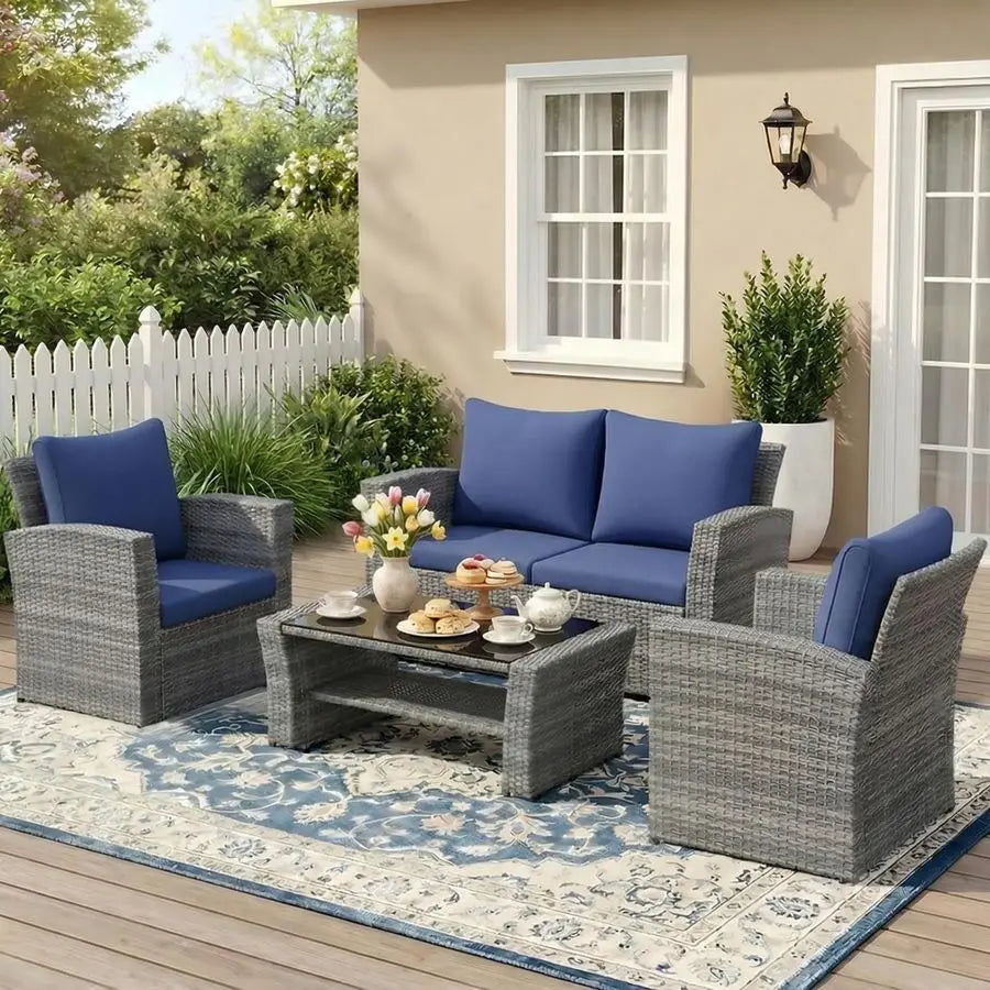 4 Piece Outdoor Wicker Patio Furniture Set With Cushions