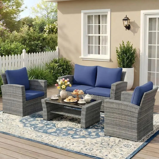4 Piece Outdoor Wicker Patio Furniture Set With Cushions