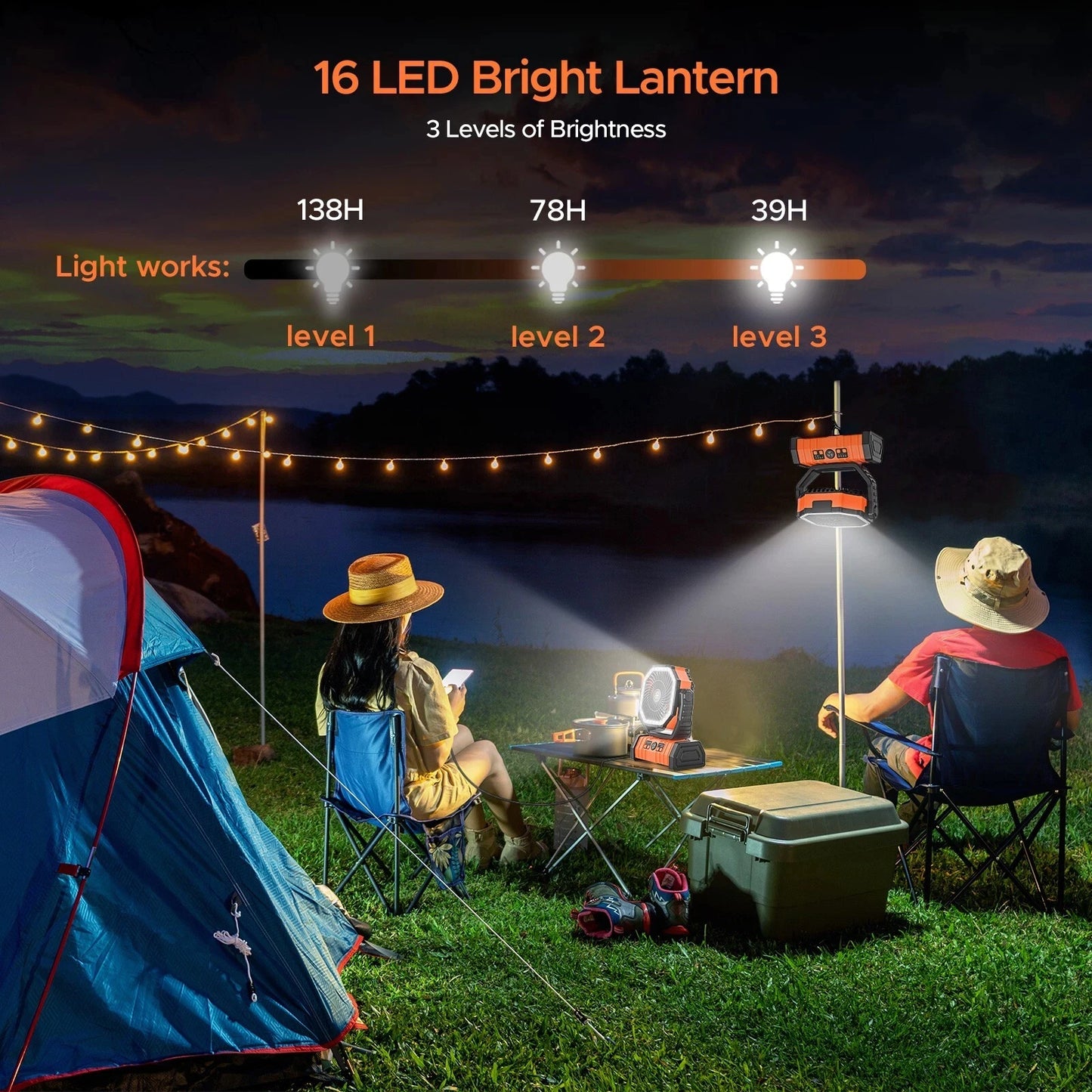 Camping Fan 20000mAh Battery Powered Rechargeable Tent Fan LED Light