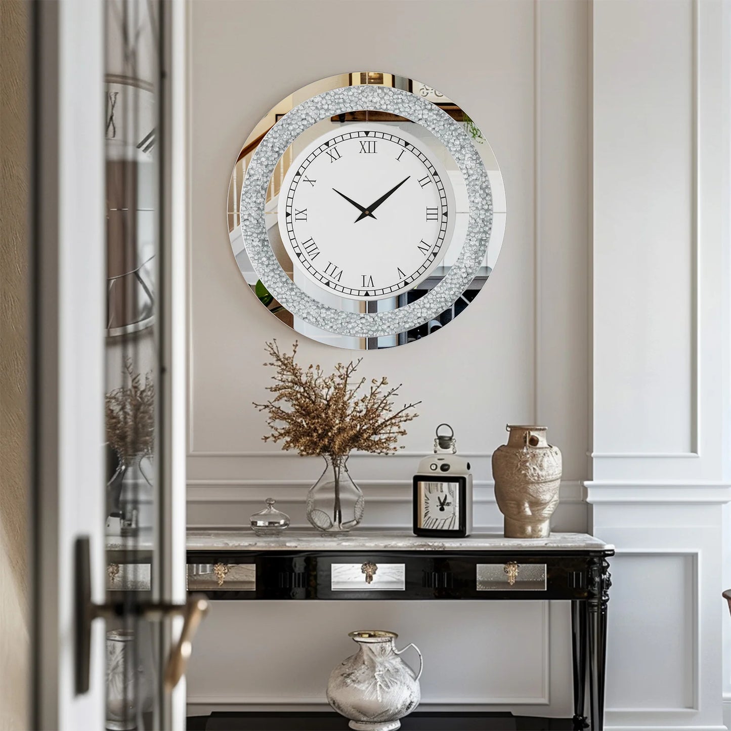 Round Mirror With Crystal Accents Wall Clock For Living Room