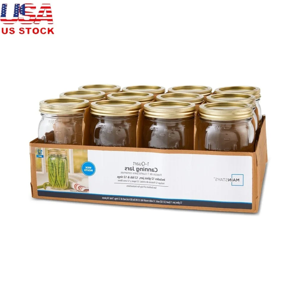 Clear Glass Wide-Mouth Canning Jars With Airtight Lids 12-Count