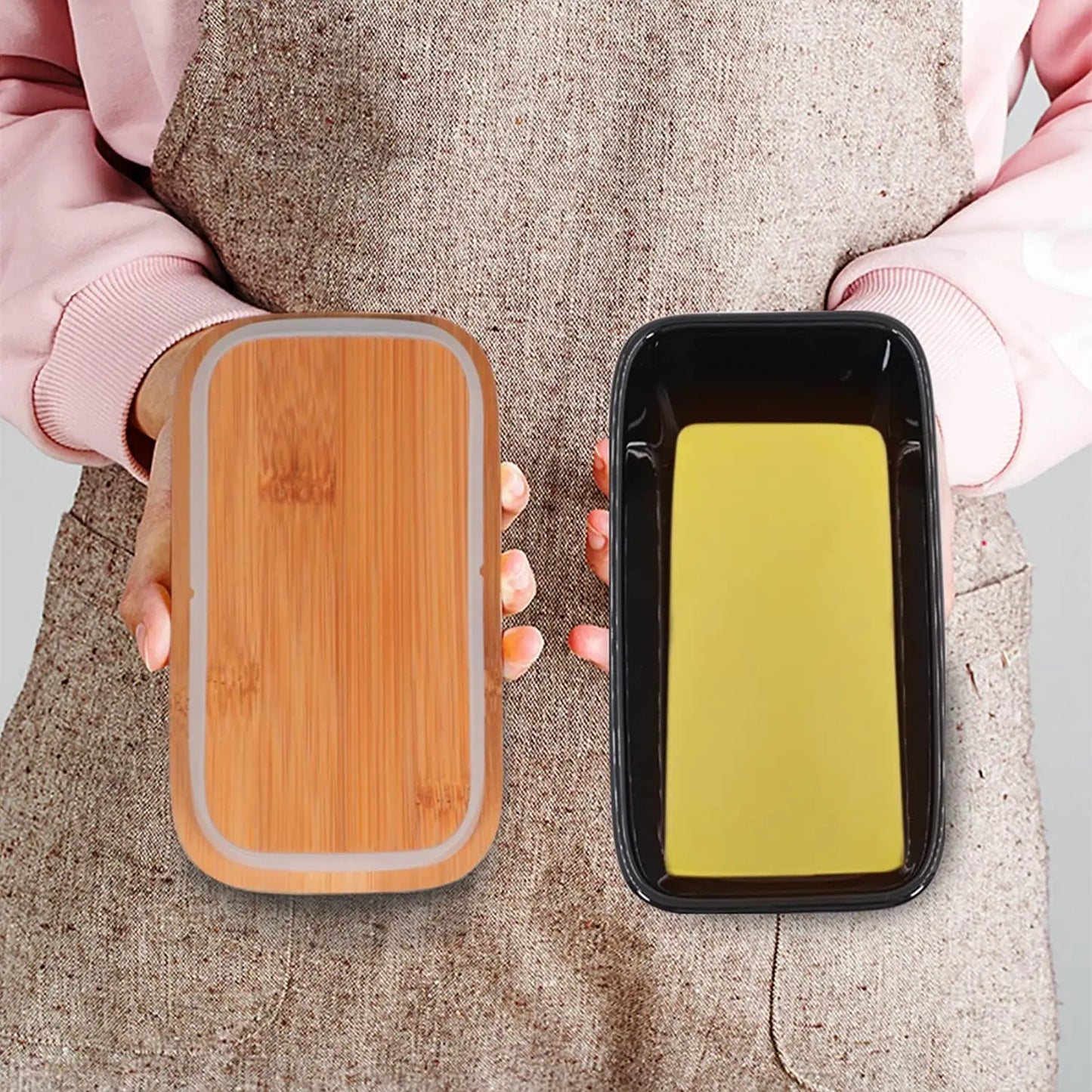 Ceramic Butter Dish With Wooden Lid Stainless Knife Bamboo Cover