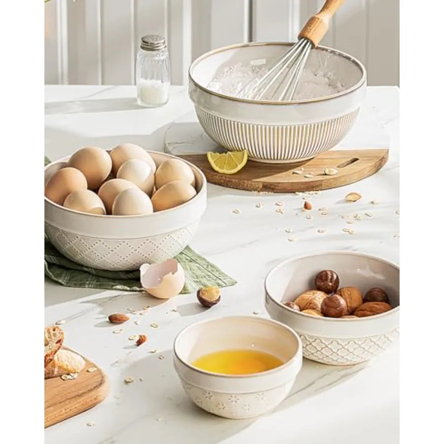 Ceramic Stoneware Nesting Serving Bowls Set Microwave Safe Dishwasher Safe