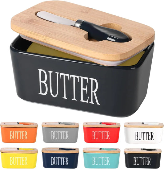 Ceramic Butter Dish With Wooden Lid Stainless Knife Bamboo Cover