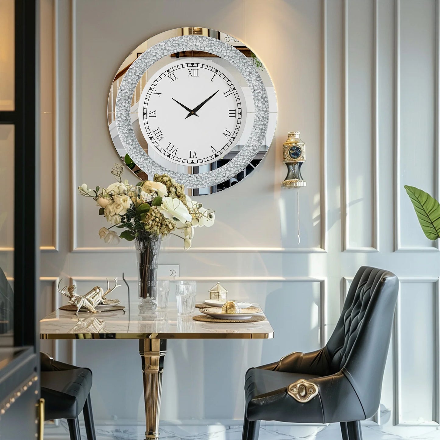 Round Mirror With Crystal Accents Wall Clock For Living Room